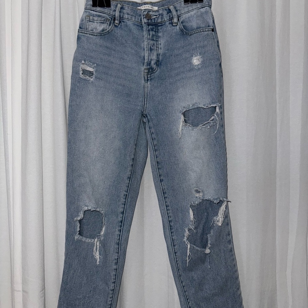 PacSun Blue Straight Leg Jeans with Distressed Details
